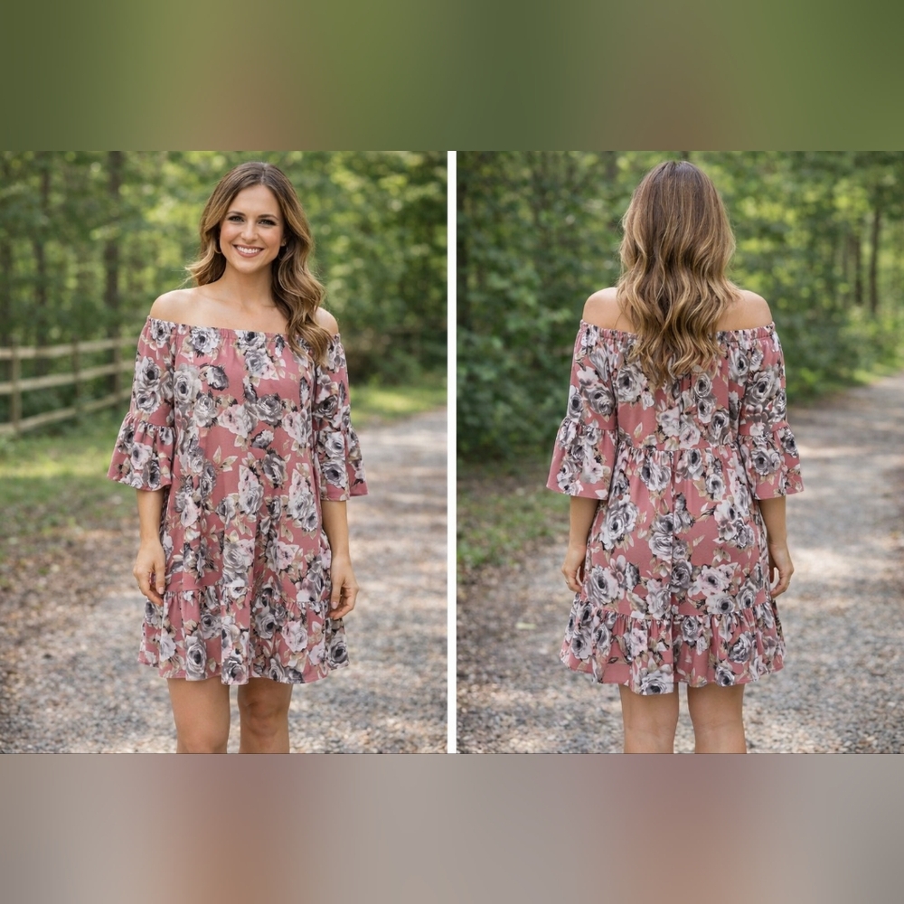 Moa Moa Pink Floral Off-Shoulder Mini Dress‎